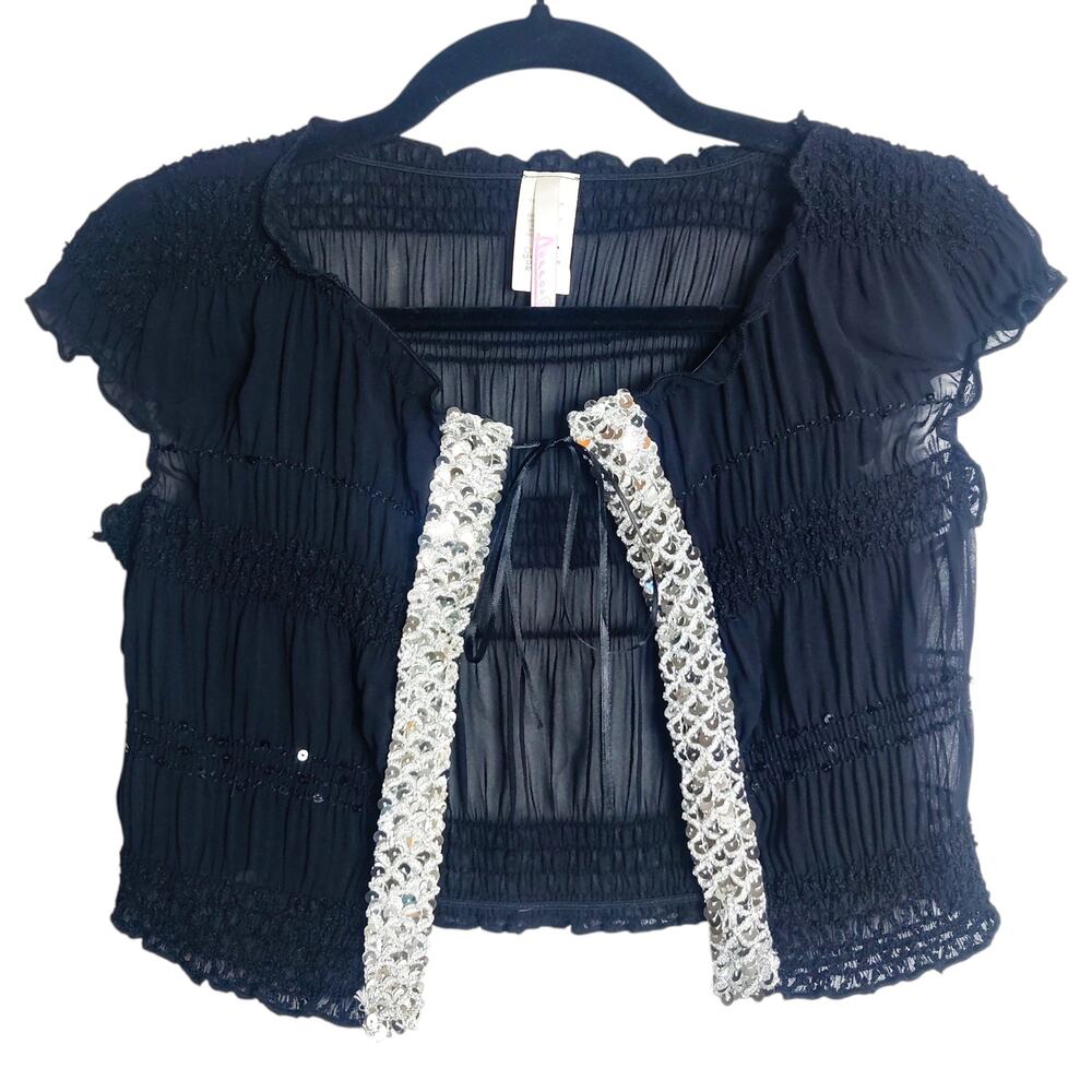 Vtg Y2K Pepper Sheer Black Crop Top Fairycore Shrug Small Glam Sequin Trim